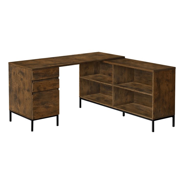 Computer Desk, Home Office, Corner, Storage Drawers, 60"L, L Shape, Work, Laptop, Metal, Laminate, Brown, Black, Contemporary, Modern