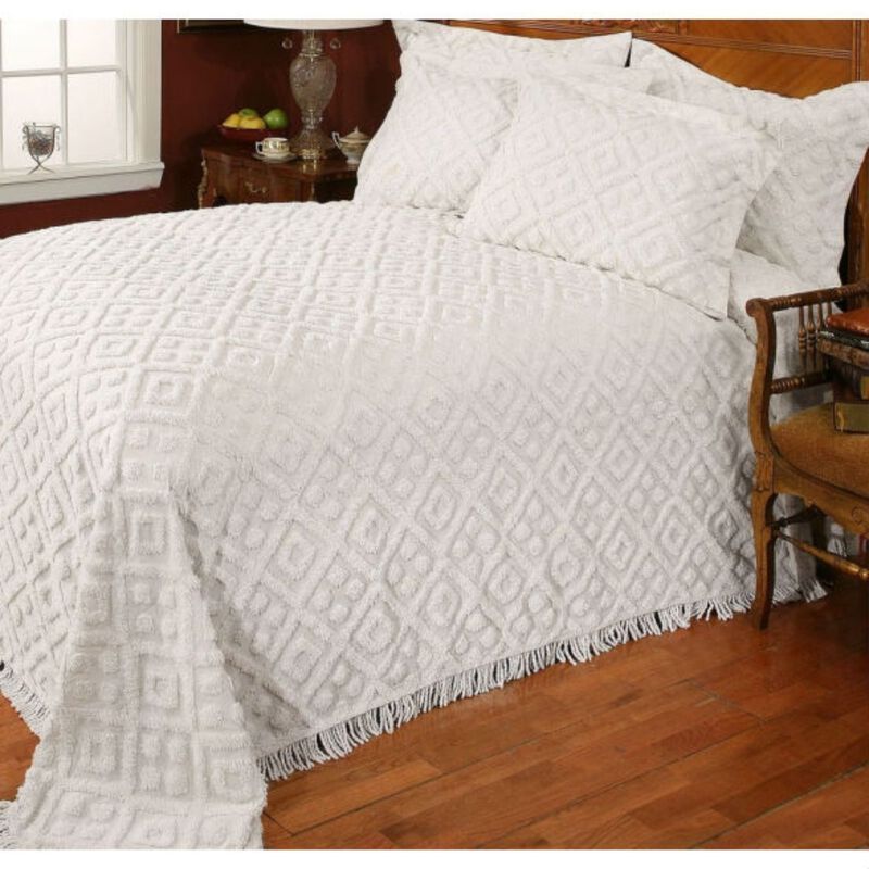 QuikFurn Full size Diamond Pattern Cotton Chenille Bedspread in White