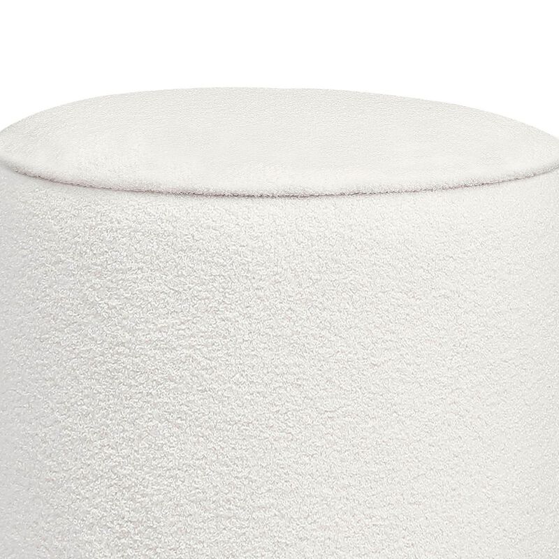 Zia 19 Inch Ottoman, White Faux Sheepskin Upholstery, Round Platform Base - Benzara