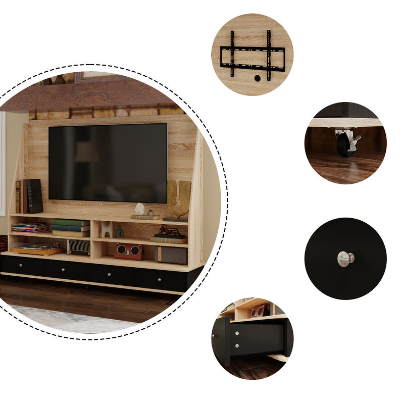 FUFU&GAGA Modern TV Stand with Storage and TV Mount, P2 MDF, with Black Drawers and Casters (70.1" W x 54.7" H x 15.7" D), Oak and Black
