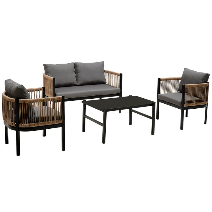 Mondawe Outdoor Garden Patio Sectional Modular Multi-person Sofa Set,W/ Rattan Sofa & Glass Table