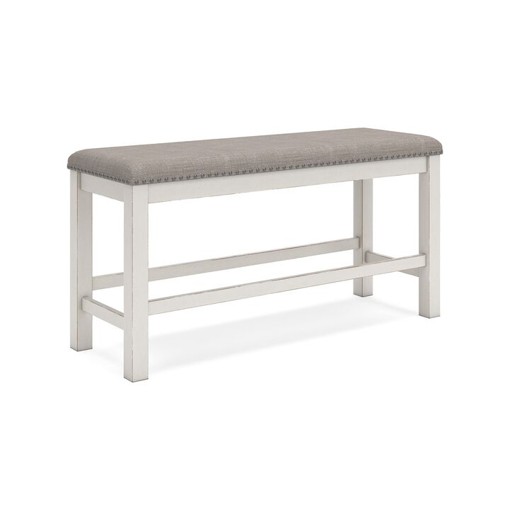 Lea Counter Height Dining Bench, Classic White Wood, Gray Polyester - Benzara