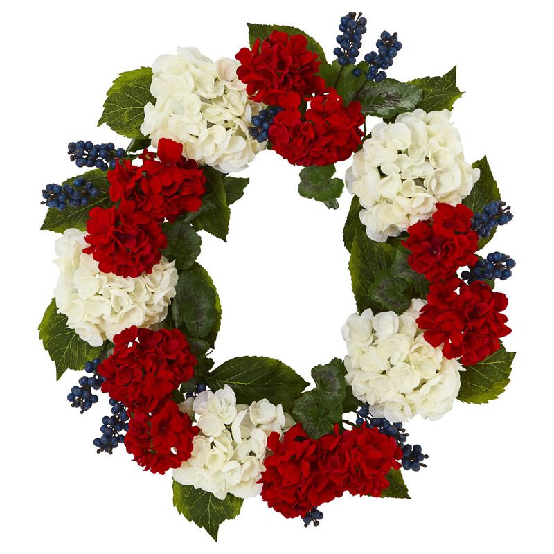 Hivvago 21" Geranium and Blue Berry Artificial Wreath