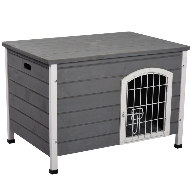 Grey Pet Sanctuary: Decorative Wooden Dog Kennel with Wire Door