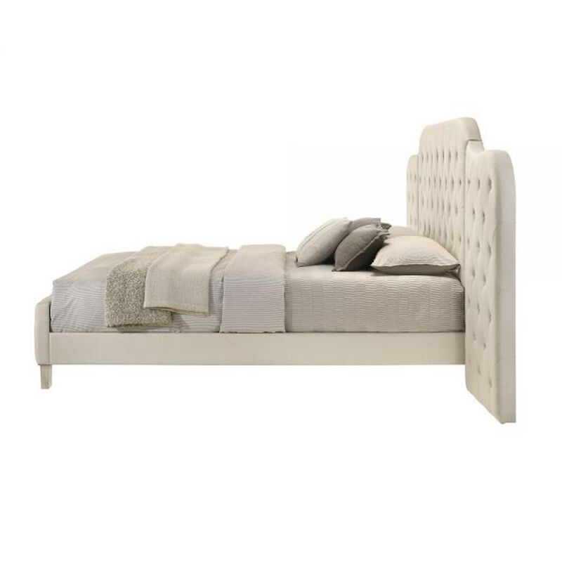 Ronny Inch Queen Size Bed, Wall Headboard, Beige Linen Tufted Upholstery - Benzara