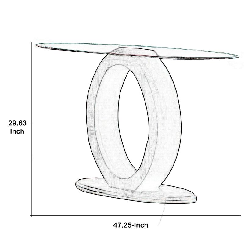 Tempered Glass Top Sofa Table with O Shape Wooden Shape Base, Gray-Benzara
