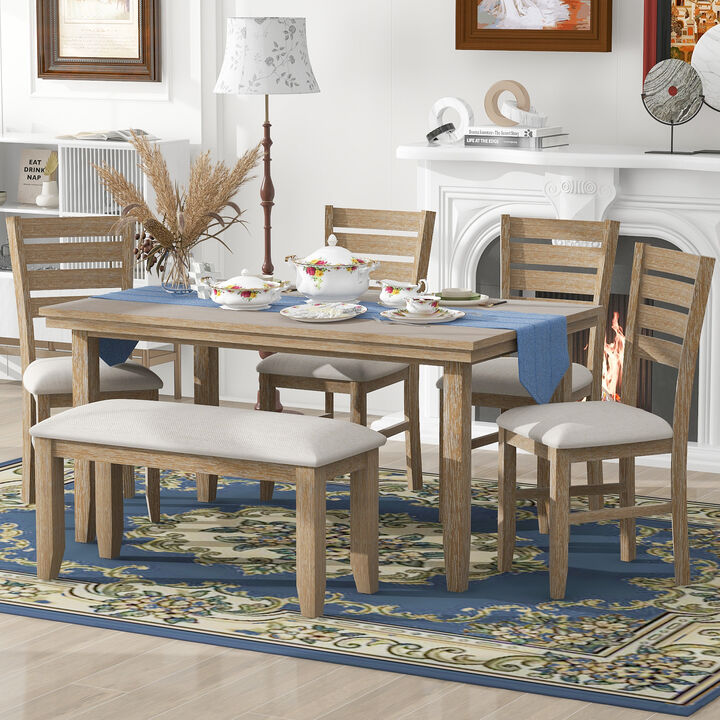 Dining Room Table and Chairs with Bench, Rustic Wood Dining Set, Set of 6 (Natural Wood Wash)
