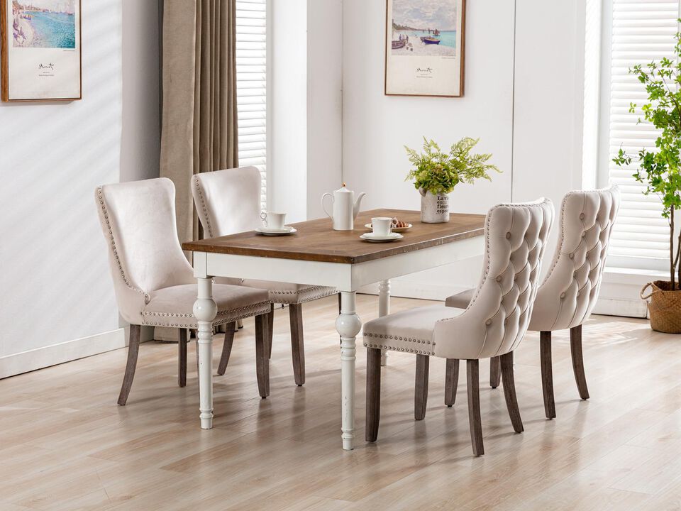 Set of 2 Wing-Back Dining Chairs, Backstitching, Nailhead Trim, Solid Wood Legs