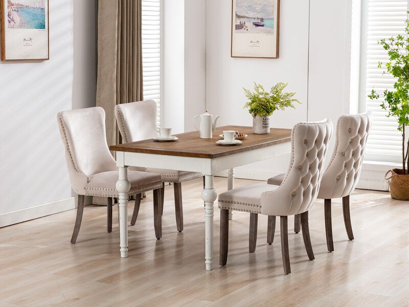Set of 2 Wing-Back Dining Chairs, Backstitching, Nailhead Trim, Solid Wood Legs