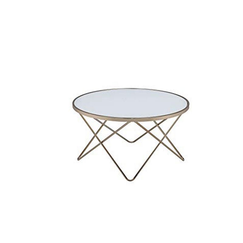 Contemporary Style Round Glass and Metal Coffee Table, White and Gold-Benzara