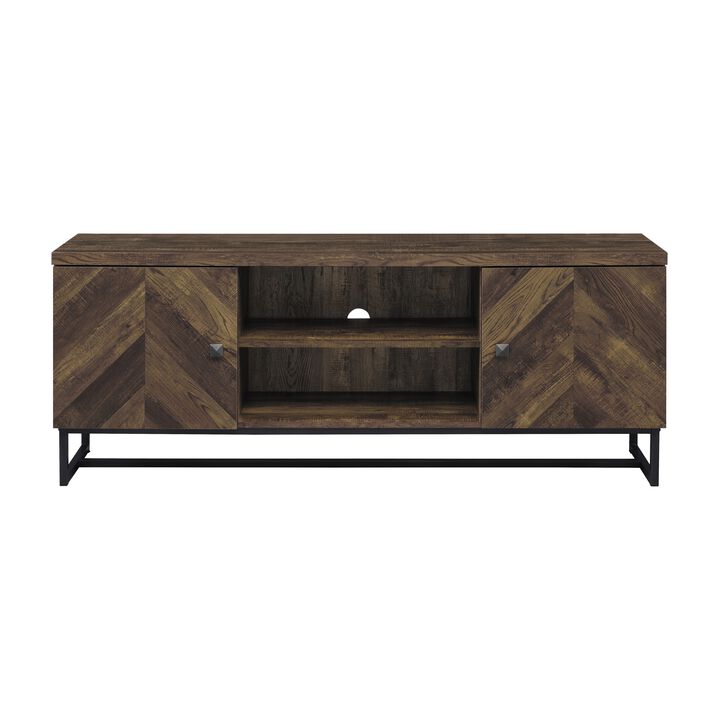60 Inch TV Media Console Cabinet, 2 Herringbone Doors, Rustic Brown Wood-Benzara