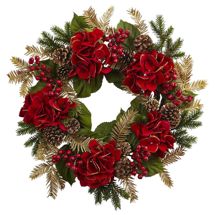 Nearly Natural 24-in Hydrangea Pine Wreath