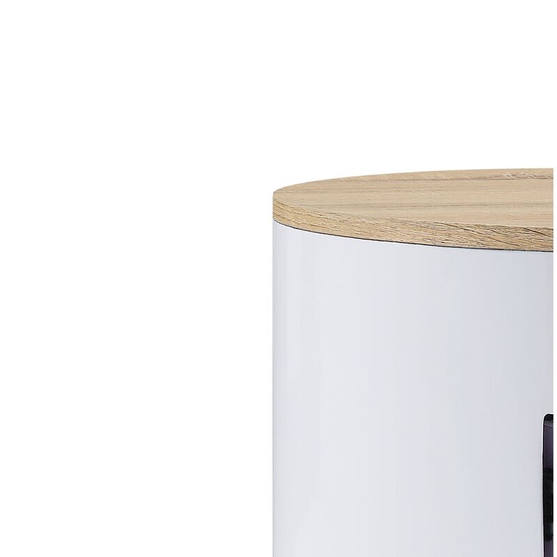 1 Drawer Pyramidal Base Circular Wooden Night Table, White and Brown-Benzara