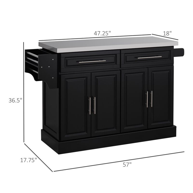 Black Kitchen Island: Portable Cart with Storage and Spice Rack