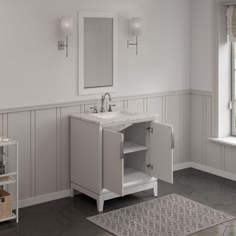 Elizabeth 30 In. Single Sink Carrara White Marble Countertop Bath Vanity In Pure White with Brushed Silver Hardware
