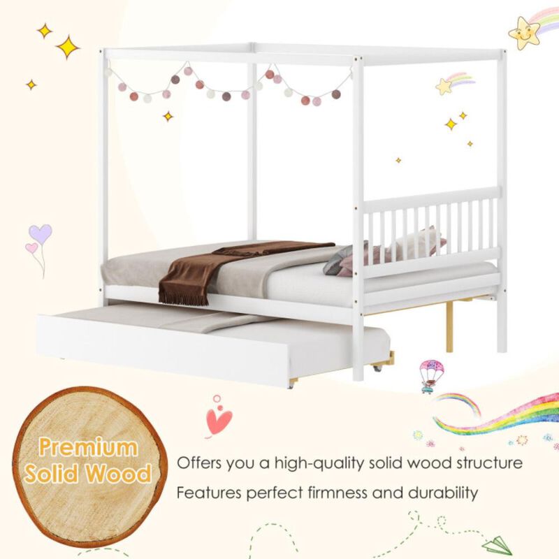 Hivvago Full Size Canopy Bed Frame with Trundle and Headboard for Kids