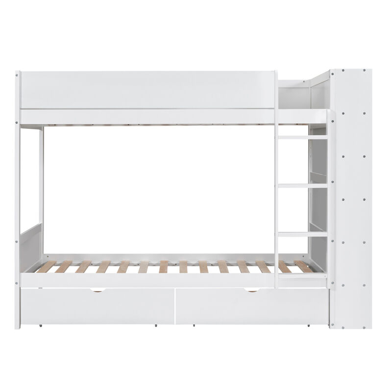 Twin Over Twin Bunk Bed With 2 Drawers And Multilayer Cabinet, White