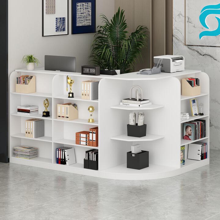 Large L-Shaped Reception Desk with 3 Drawers, 15 Open Shelves, Counter Top & Monitor Stand, Office Desk Reception Counter Table with File Cabinet, White (70.9”L x 47.2”D x 39.43”H)