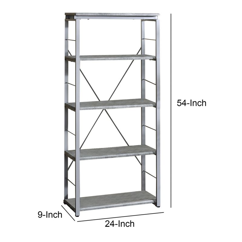 Industrial Bookshelf with 4 Shelves and Open Metal Frame, Silver and Gray-Benzara