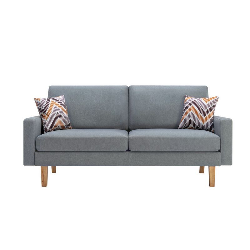 Gala Sofa, Crisp Light Gray Linen Fabric, 2 Pillows, Brown Solid Wood Frame-Benzara