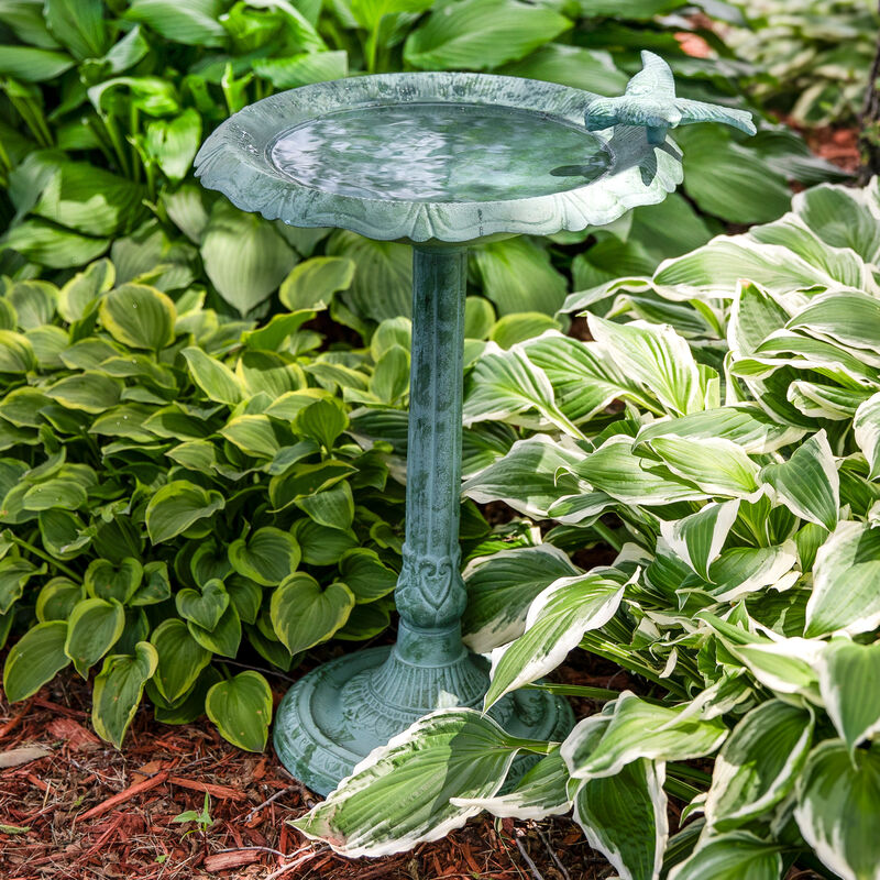 Sunnydaze Garden Visitor Metal Bird Bath - Green Patina - 15 in