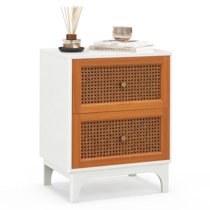 Hivvago Boho Accent Table Nightstand with 2 Handwoven Rattan Decorated Drawers-White