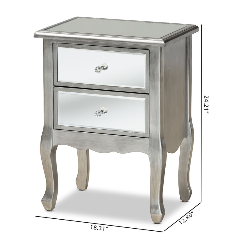 Baxton Studio Leonie Brushed Silver Finished Wood and Mirrored Glass 2 Drawer End Table