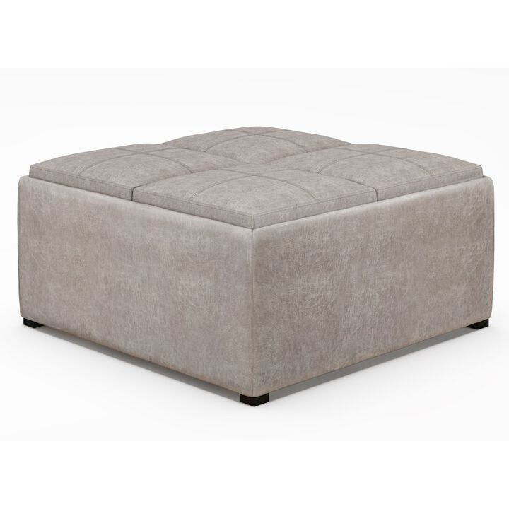 Simpli Home Square Coffee Table Storage Ottoman In Distressed Grey Taupe Vegan Faux Leather
