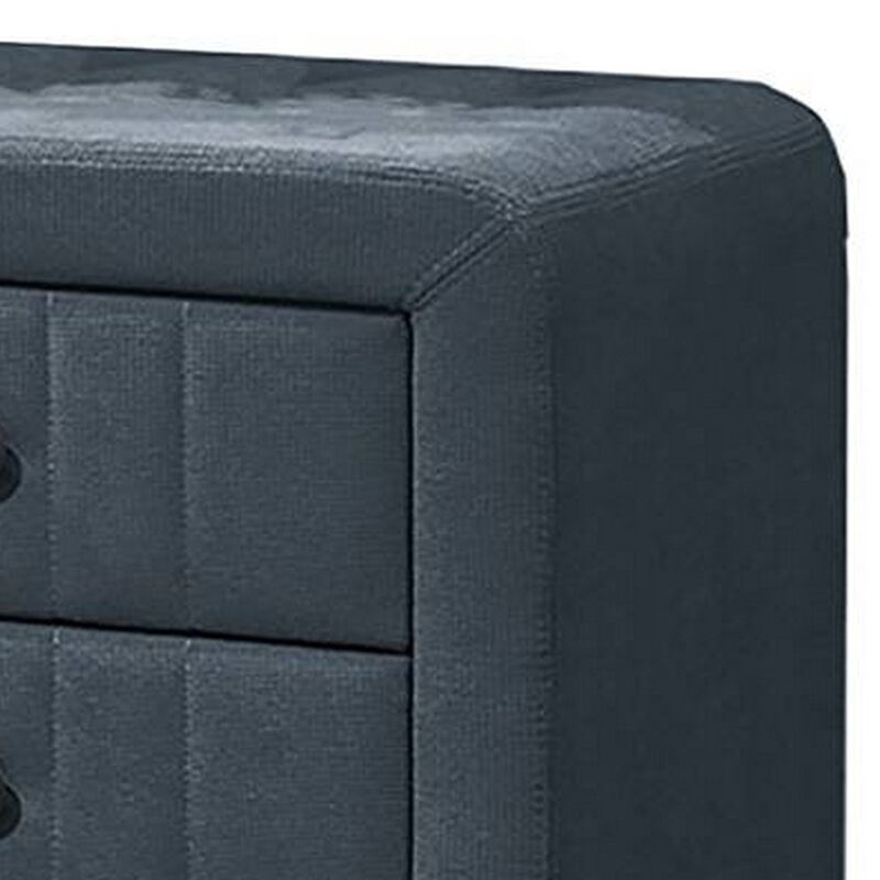 Rheo Nightstand, 2 Drawers, 22 Inch Upholstered in Charcoal Gray Linen - Benzara