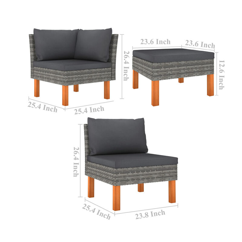 Casey 5pc Outdoor Modular Lounge Sofa Set, Gray Rattan, Brown Wood - Benzara