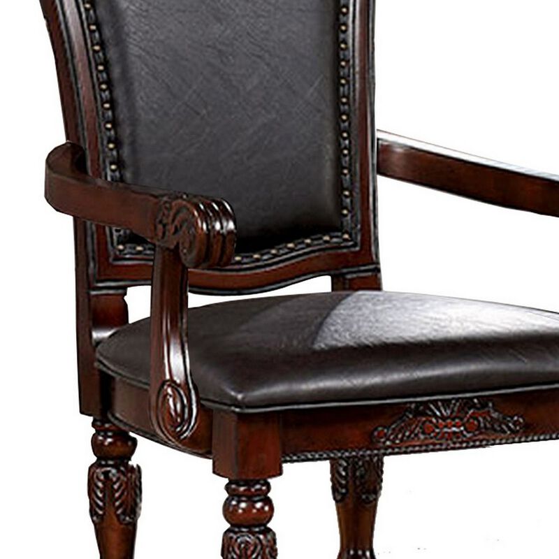 Albi 28 Inch Carved Dining Armchair, Set of 2, Black Faux Leather - Benzara