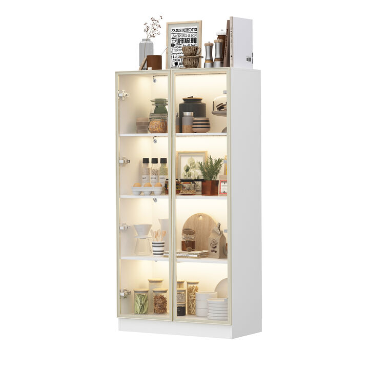 FUFU&GAGA 63 in. Tall White Wood 3-Shelf Bookcase Bookshelf With 3-Color LED Lights and Tempered Glass Doors,(31.5" W x 63" H x 15.7" D), White