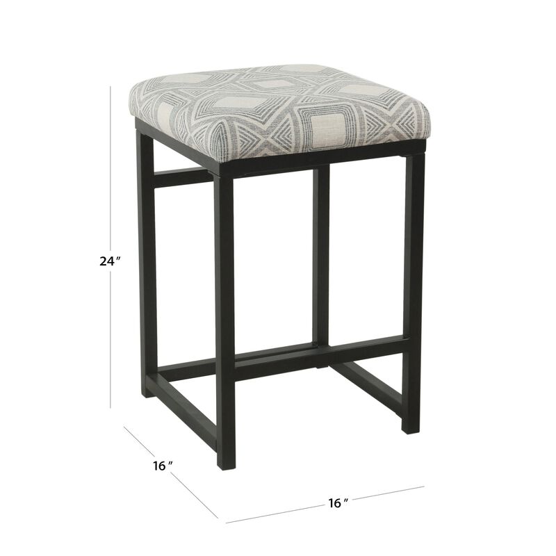 Metal Counter Stool with Geometric Pattern Fabric Upholstered Seat, Gray and Black - Benzara