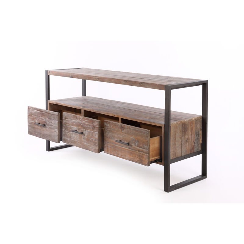 60 Inch Reclaimed Wood Media TV Console Table With 3 Drawer, Open Shelf