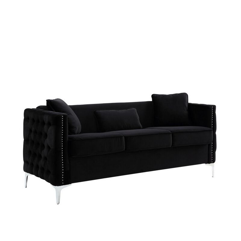 Zion 2 Piece Sofa and Loveseat Set, Deep Button Tufted, Jet Black Velvet-Benzara