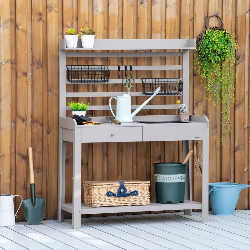 Grey Garden Station: Potting Bench with Sink and Metal Sieve Screen