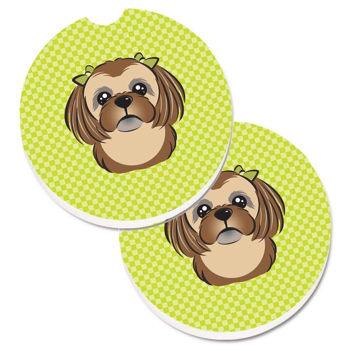 Caroline's Treasures Checkerboard Lime green Chocolate Brown Shih Tzu Set of 2 Cup Holder Car Coasters BB1311CARC, 2.56, Multicolor