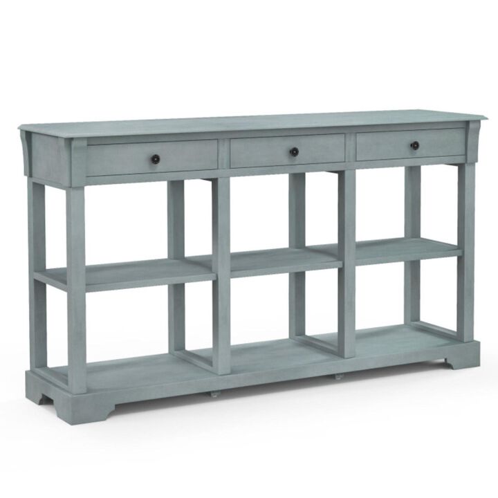 Hivvago 58" Retro Console Table with 3 Drawers and Open Shelves Rectangular Entryway Table-Blue