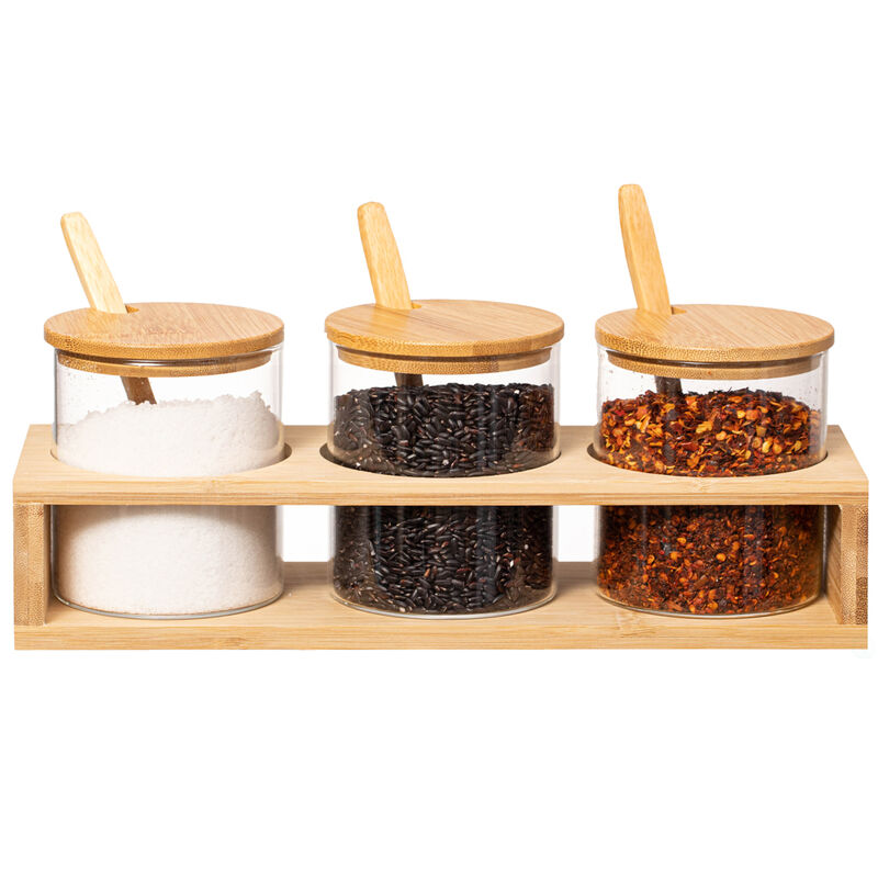 Basicwise 3-Piece Glass Containers with Bamboo Lids and Tray Holder – Decorative Storage for Condiment Pots and Spice Jars - Coffee Station Accessories, Perfect Organizer for Home Kitchen or Café