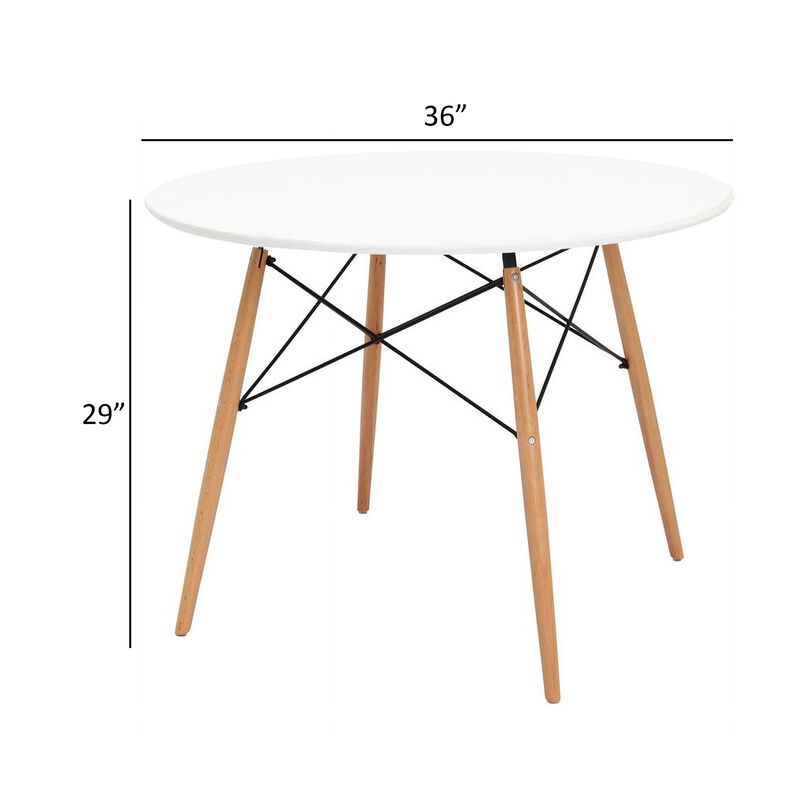Riha 36 Inch Dining Accent Table, Round Top, Beech Wood, White and Brown - Benzara