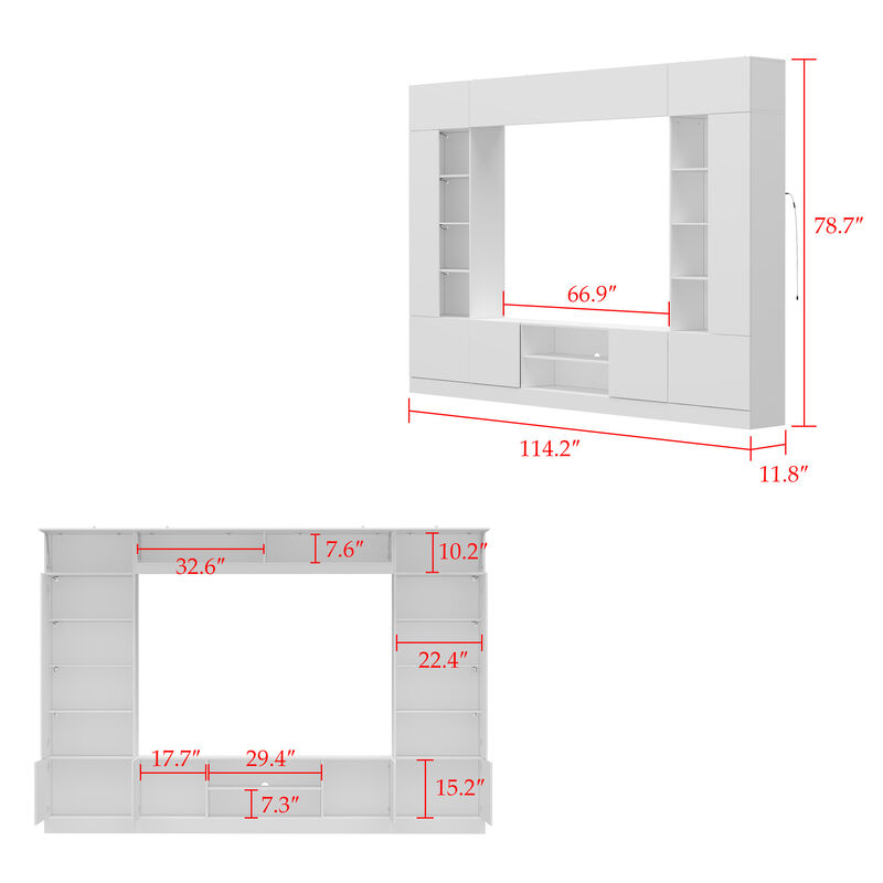 4-Piece White Wood Entertainment Center TV Console with Door Cabinets, Bookshelves, LED Lights for TVs up to 75 in.