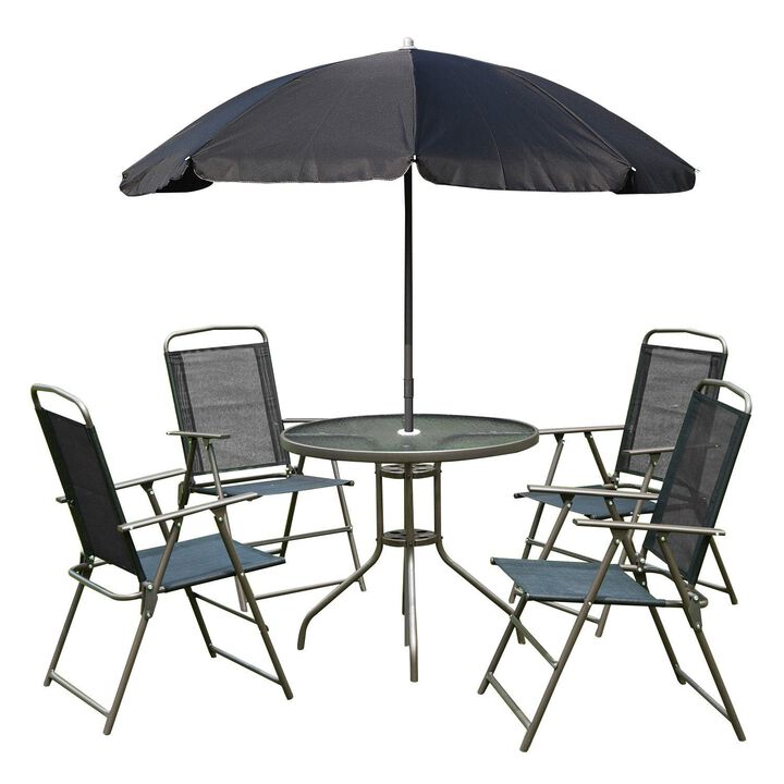 Black Outdoor Dining: 6-Piece Patio Set with Umbrella and Folding Chairs Black Outdoor Dining: 6-Piece Patio Set with Umbrella and Folding Chairs