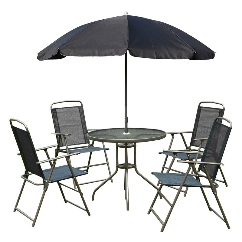 Black Outdoor Dining: 6-Piece Patio Set with Umbrella and Folding Chairs