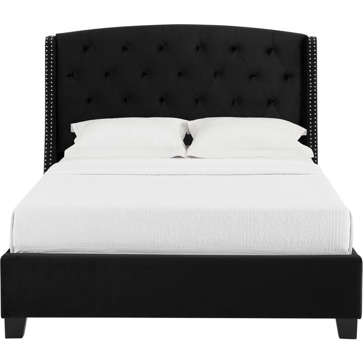 Elle King Size Bed, Low Profile, Button Tufted Upholstered Headboard, Black - Benzara