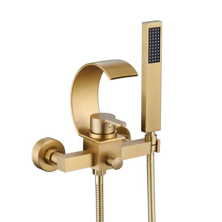 Mondawe Luxury Wall Mounteded C-Shape  Single Handle Shower Tub Kit with 2-Spray Waterfall Tub Spout and Handheld Shower Faucet in Brushed Nickel