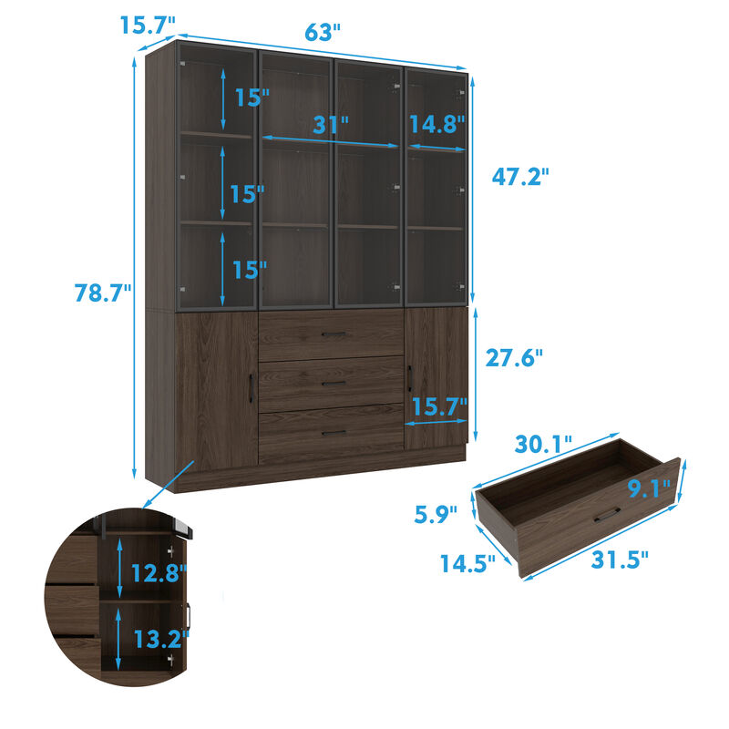 Brown Wood 63 in. W Display Cabinet With Pop up Tempered Glass Doors, 3-Color LED Lights, Drawers, Adjustable Shelves