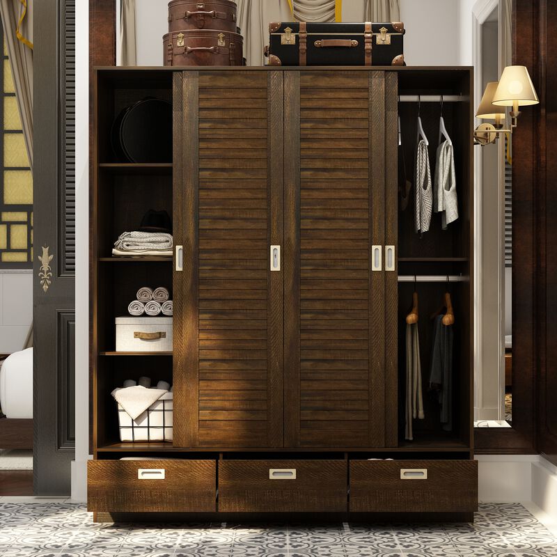 Dark Brown Wood 59.1 in. W 4-Door Big Wardwore Armoires With 4 Sliding Doors, Hanging Rods, Drawers, Storage Shelves