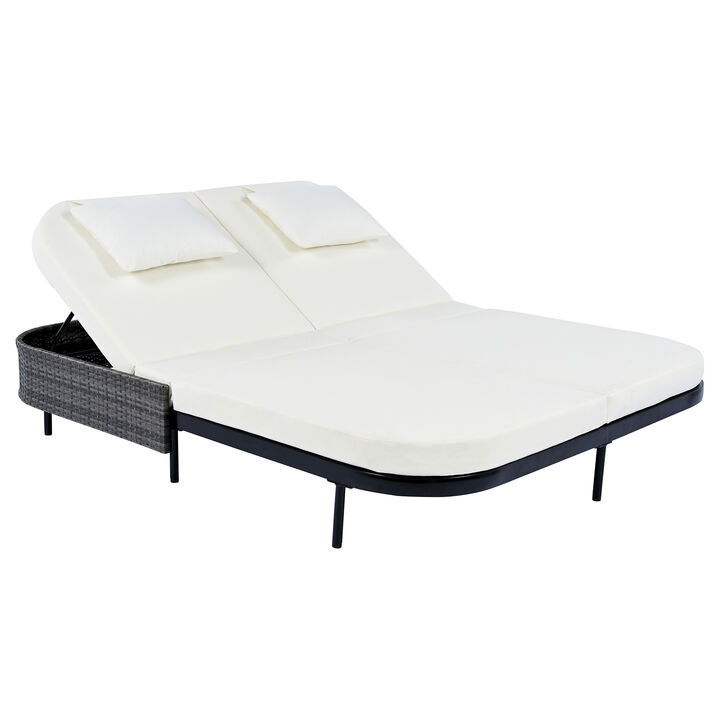 Whisen Outdoor Rattan Daybed with Beige Cushion, 5-Position Adjustable Backrest & Removable Pillows