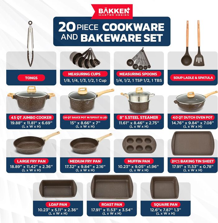 Kitchen Cookware Set - Nonstick Granite Coating, Pots and Pans with Handle Grips and Tempered Glass Lids, PFOA, PFOS, PTFE Free, Ceramic Max Temperature (Up To 500° F), Set of 20