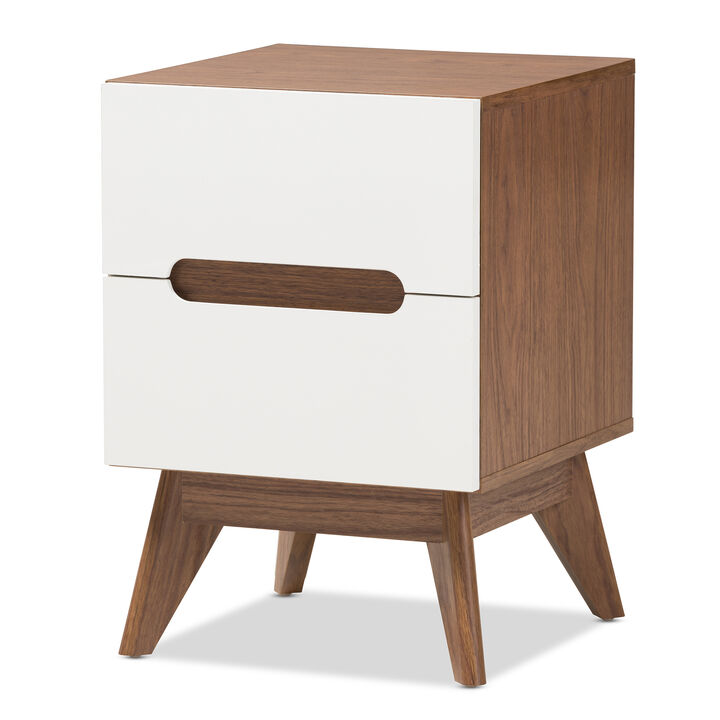 Baxton Studio Calypso Mid Century Modern White And Walnut Wood 2 Drawer Storage Nightstand